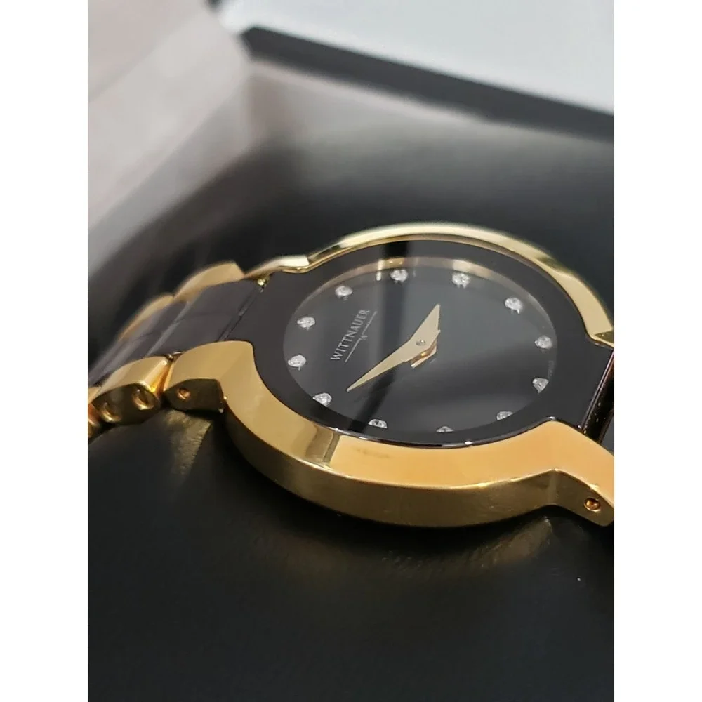 Wittnauer 12P103 Black Ceramic Gold Plated Diamond Women's Watch $675 12 Diamond